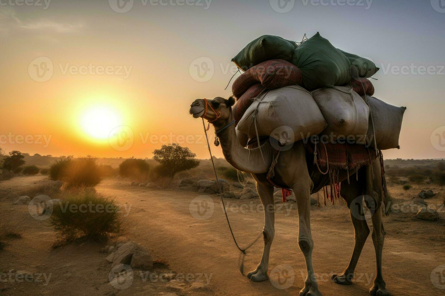 Camel carry load goods in desert. Generate Ai photo