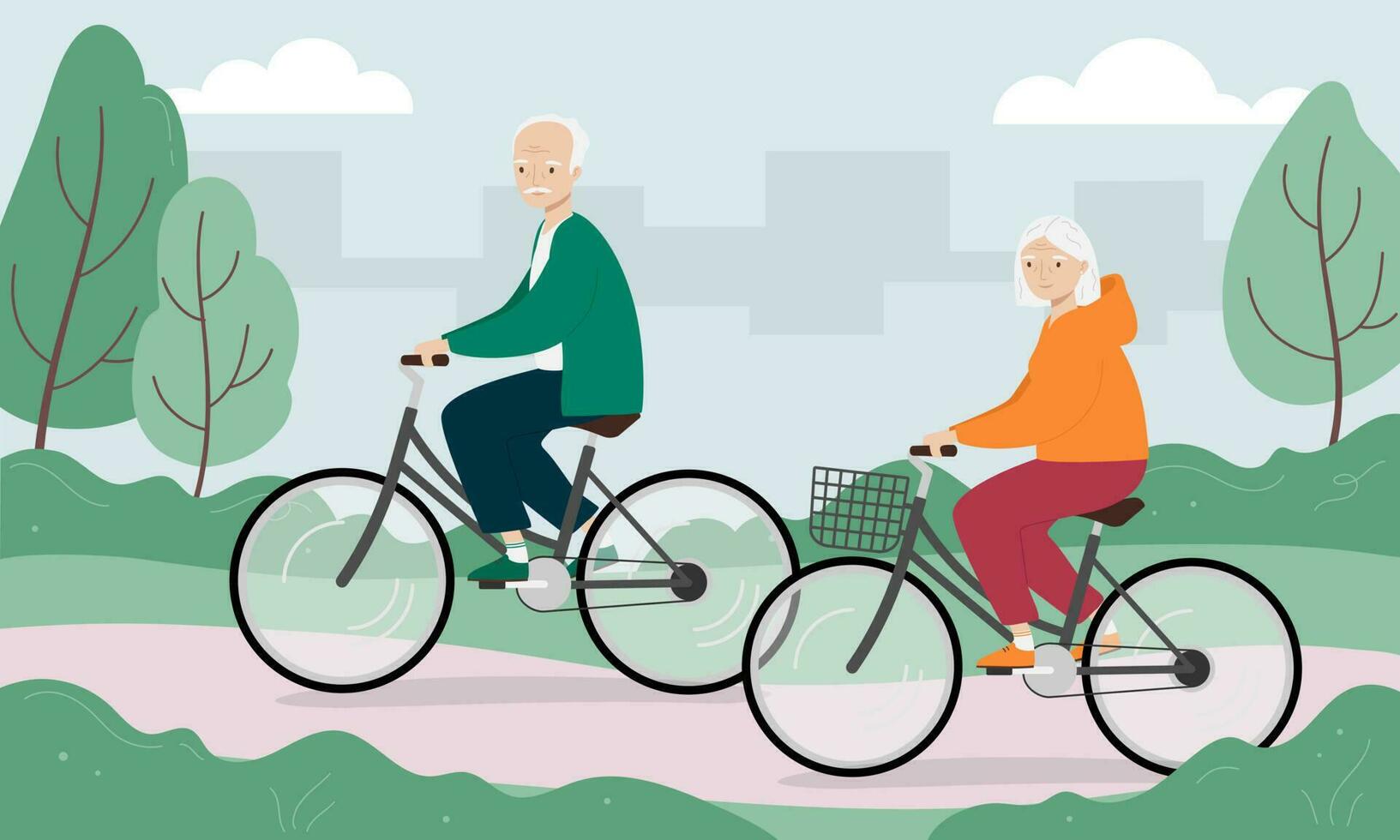 mayor hombre y mujer montando bicicletas en el ciudad parque. antiguo hombre y mujer en bicicletas vector ilustración