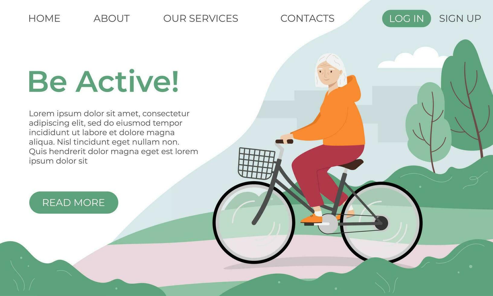 Banner template with senior woman riding bicycle in the city park. Old woman on bike vector