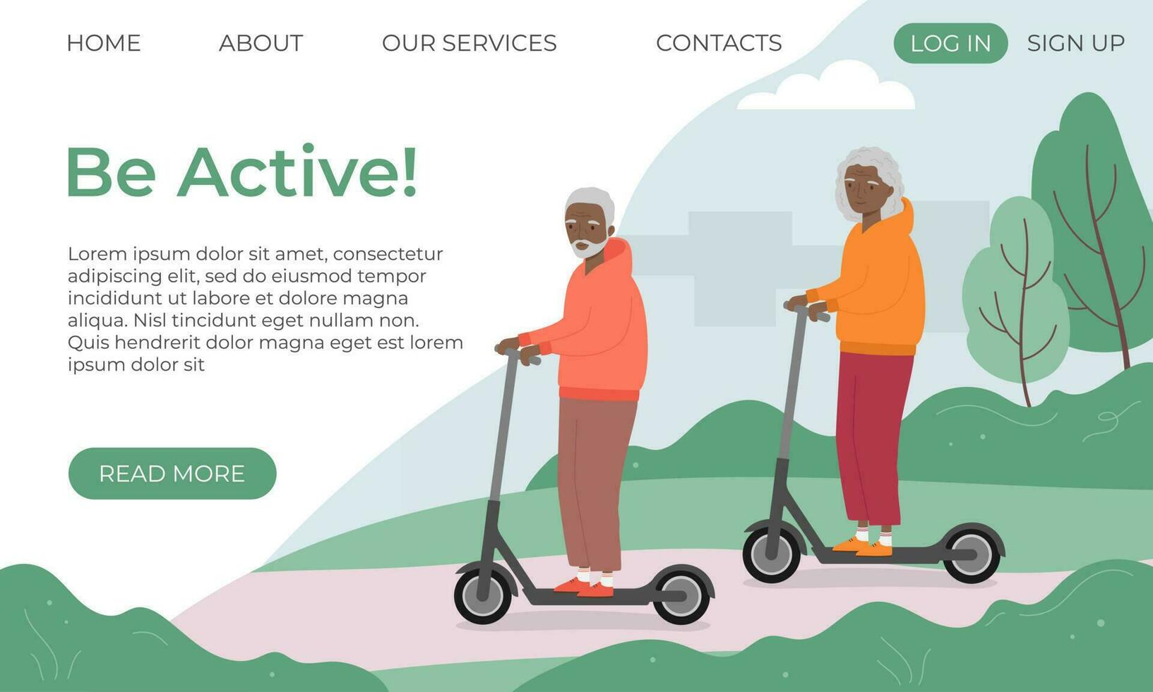 Banner template with senior man and woman riding scooters in the city park. Old woman and old man on electric scooters. vector