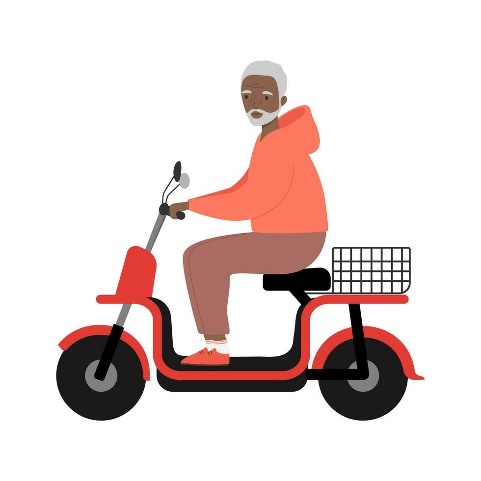 Senior man riding modern electric bike scooter. Urban eco transport. Isolated vector illustration