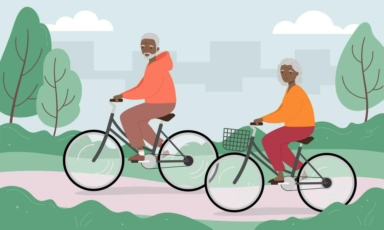 Senior man and woman riding bicycles in the city park. Old man and woman on bikes. Vector illustration