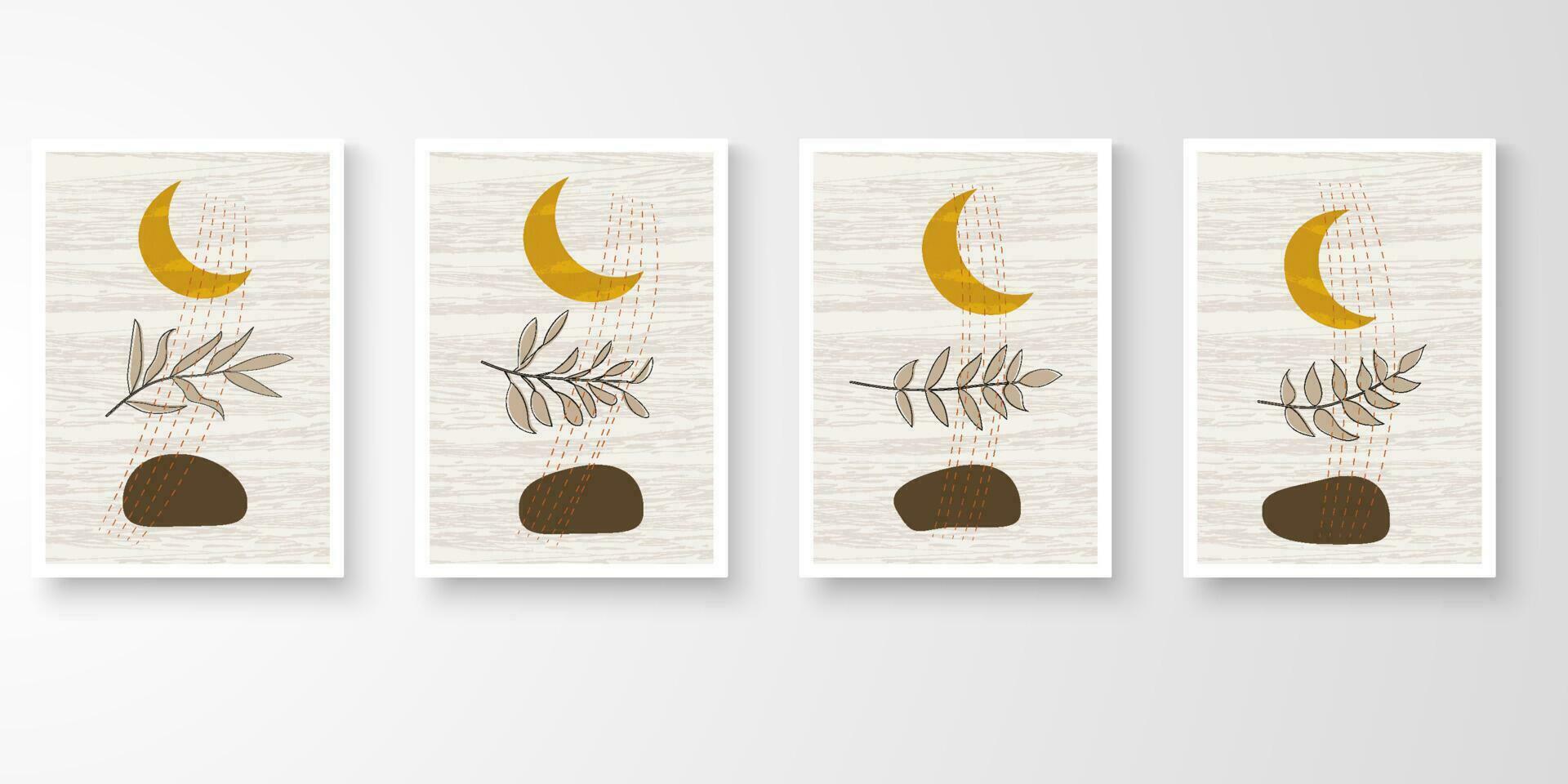 Set of wall art in white frames.Foliage line art drawing with abstract organic shape composition earth tone. Crescendo moon, leaf, stone, rain art vector illustration.