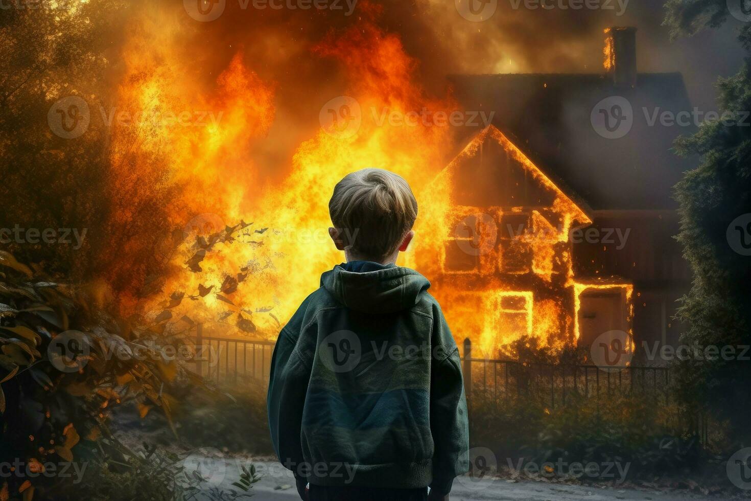 Firefighter child boy burning house. Generate Ai photo