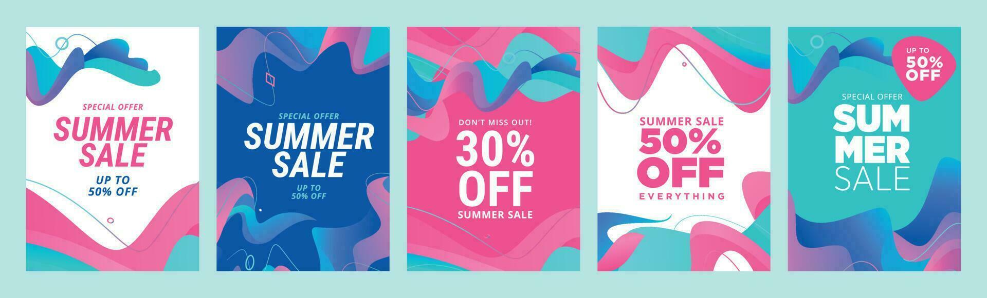 Summer sale banners and posters. Set of vector illustrations for web and social media banners, print material, newsletter designs, coupons, marketing.