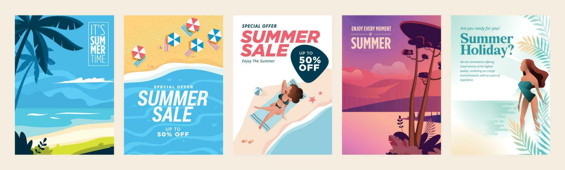 verano rebaja pancartas y carteles conjunto de vector ilustraciones para web y social medios de comunicación pancartas, impresión material, Boletin informativo diseños, cupones, marketing.