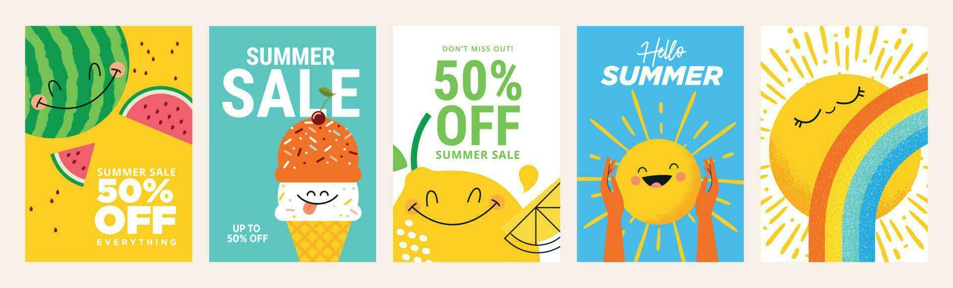 Summer sale banners and posters. Set of vector illustrations for web and social media banners, print material, newsletter designs, coupons, marketing.