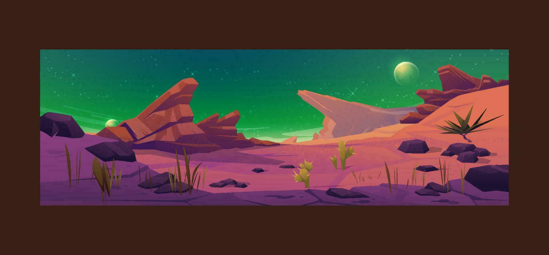 Alien planet surface, futuristic landscape background with glowing moon or satellite above rock cliff in dark starry sky. Fantasy mountains, book or computer game scene, Cartoon vector illustration