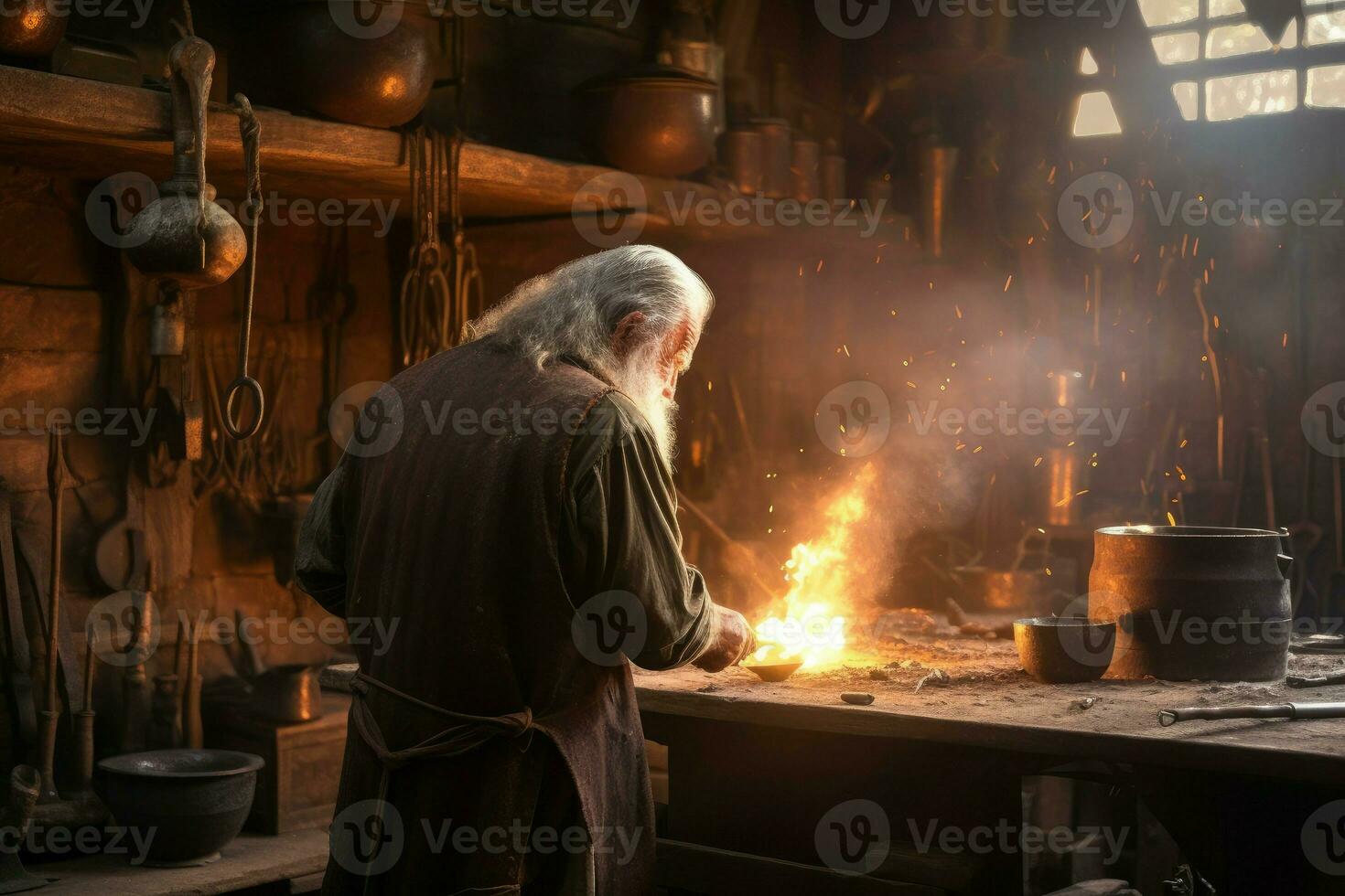 Blacksmith old man work forge. Generate Ai photo