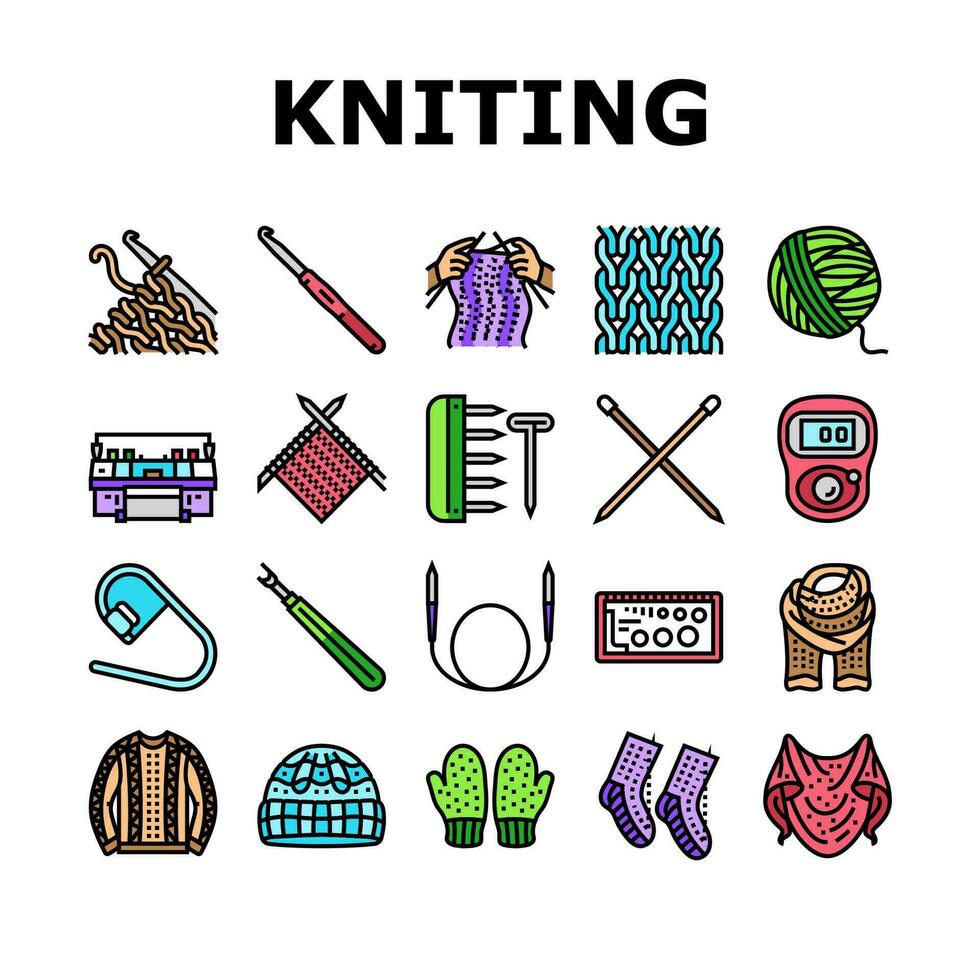 knitting wool thread knit craft icons set vector