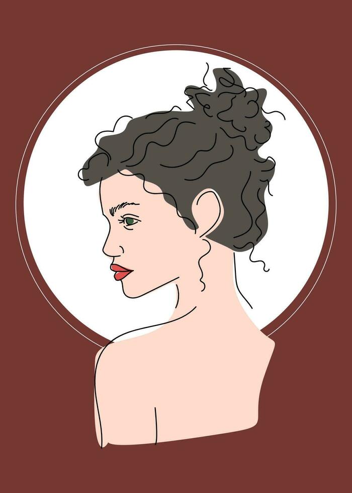 Esthetic Silhouette Girl on red Background. Portrait minimalistic style.Curl hair. Nature symbol of cosmetics. Modern continuous line art. Fashion print. Face in profile vector