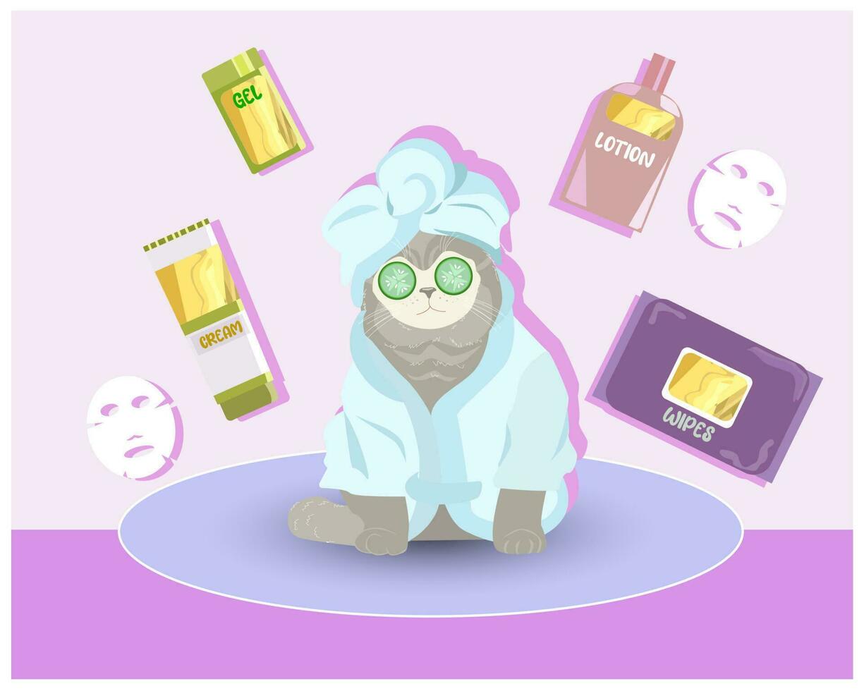 Cute grooming kit, jars of tissues for the daily routine. Cute cat in a face mask and robe vector