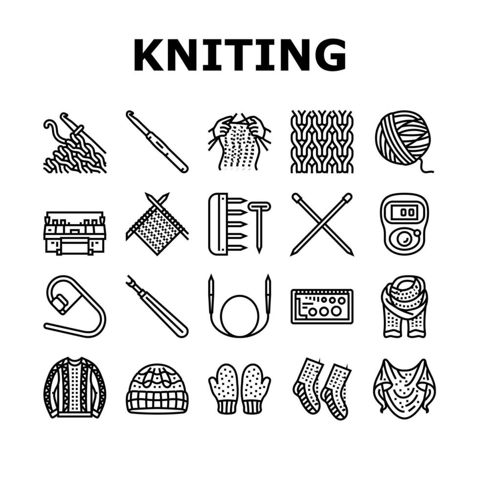 knitting wool thread knit craft icons set vector