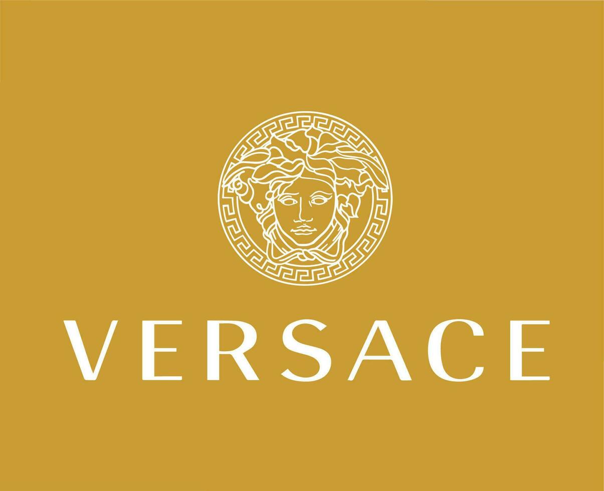 Versace marca logo con nombre blanco símbolo ropa diseño icono resumen vector ilustración con marrón antecedentes