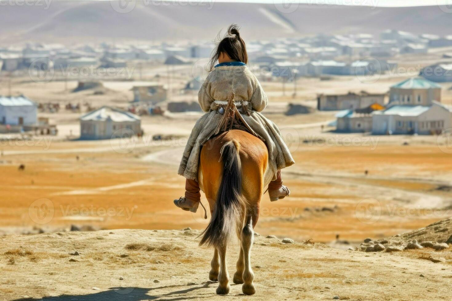 Mongolian ancient child on horse. Generate Ai photo