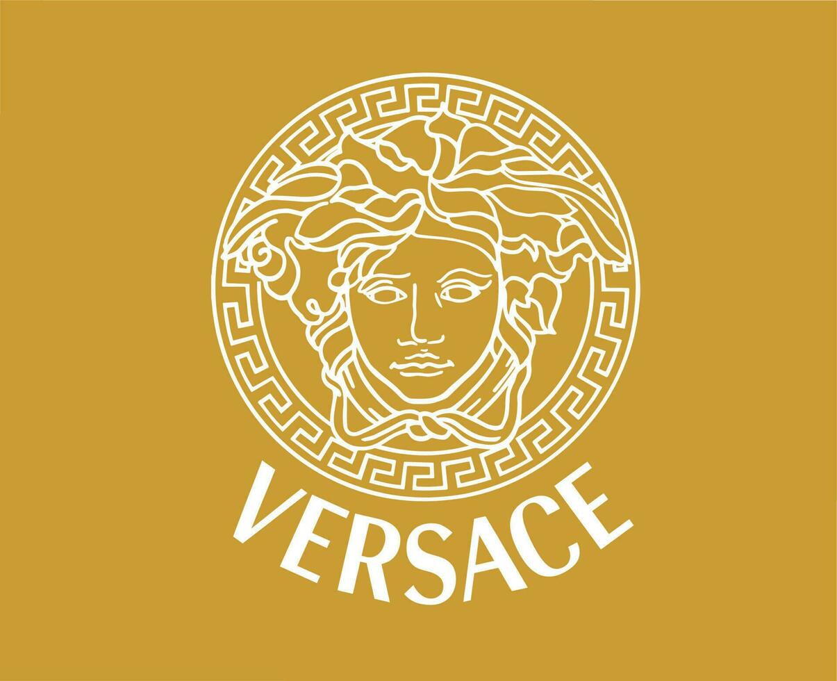 Versace marca símbolo con nombre blanco logo ropa diseño icono resumen vector ilustración con marrón antecedentes