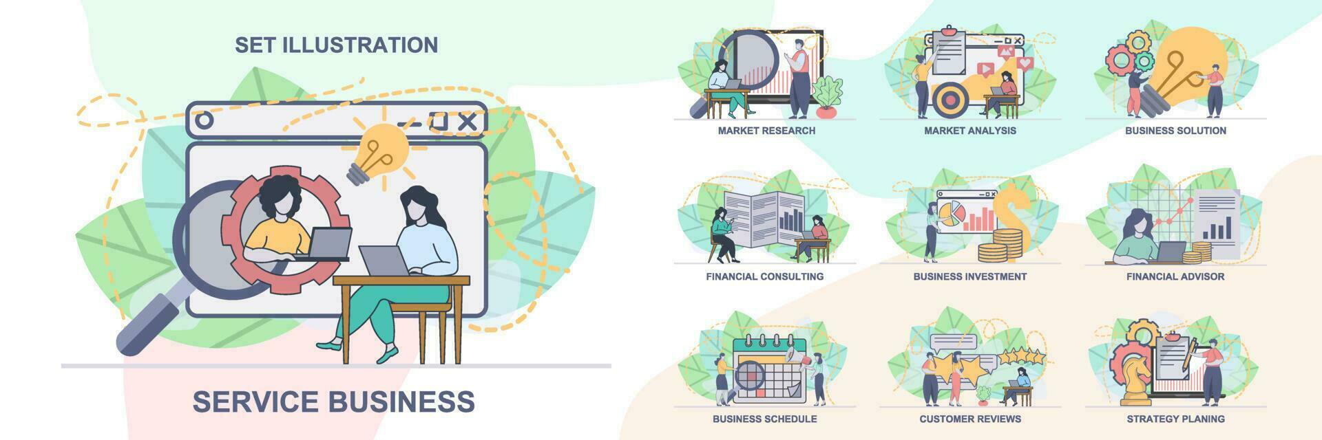 conjunto de web página diseño plantillas para negocio gestión, mercado investigación. negocio cronograma, mercado análisis web página composición con personas caracteres. moderno vector ilustración conceptos