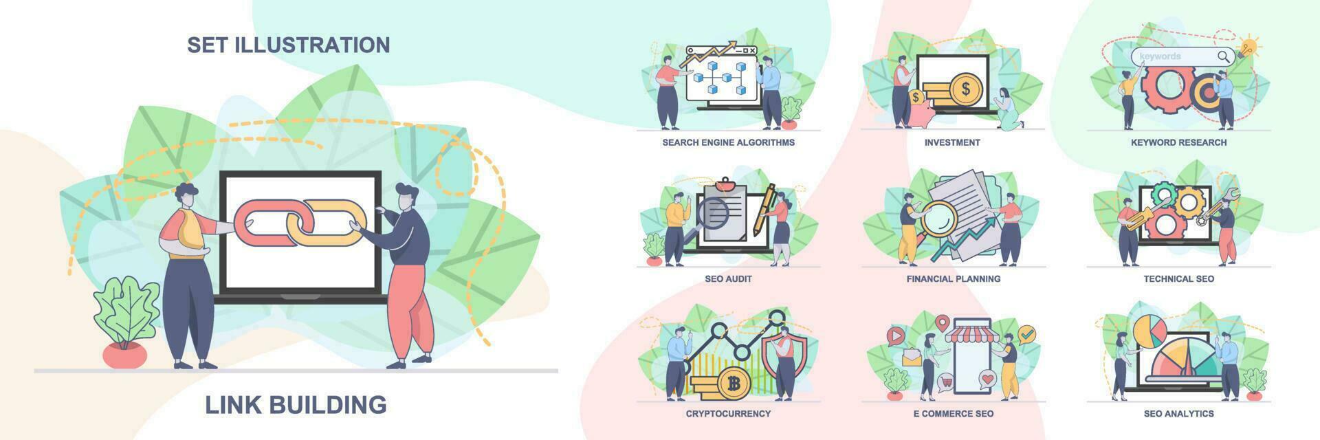 Set of web page design templates for SEO business, SEO Analytics. Technical SEO, SEO Audit web page composition with people characters. Modern vector illustration concepts