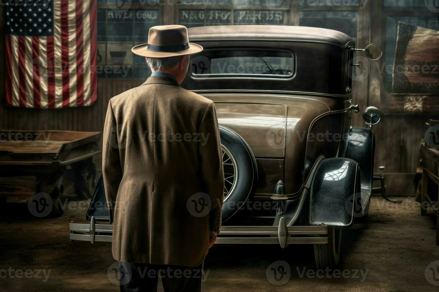 Man near american vintage car. Generate Ai photo