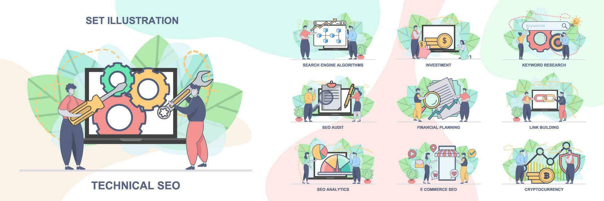 Set of web page design templates for SEO business, SEO Analytics. Technical SEO, SEO Audit web page composition with people characters. Modern vector illustration concepts