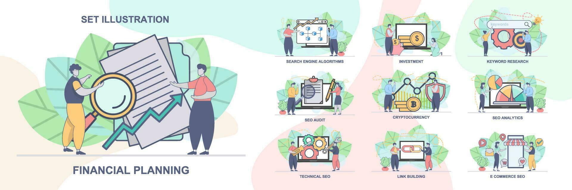 Set of web page design templates for SEO business, SEO Analytics. Technical SEO, SEO Audit web page composition with people characters. Modern vector illustration concepts