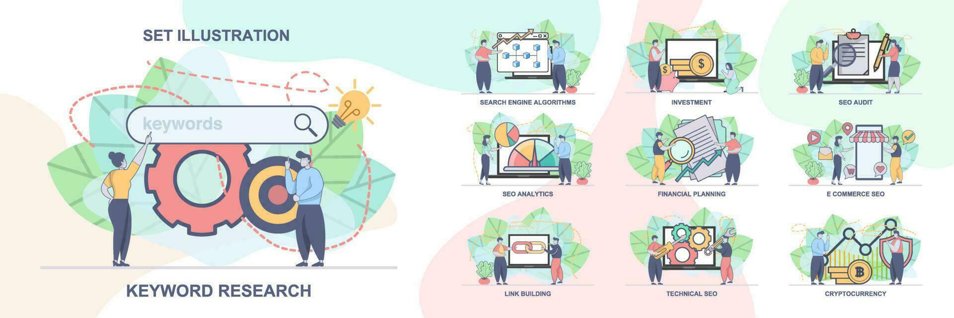 conjunto de web página diseño plantillas para seo negocio, seo analítica. técnico SEO, seo auditoría web página composición con personas caracteres. moderno vector ilustración conceptos