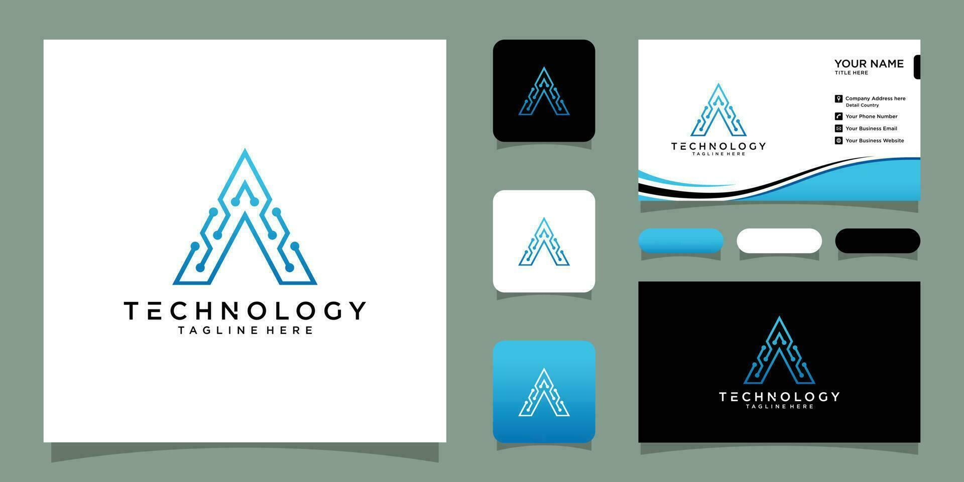 Letter A logo design template technology web digital with business card design Premium Vector