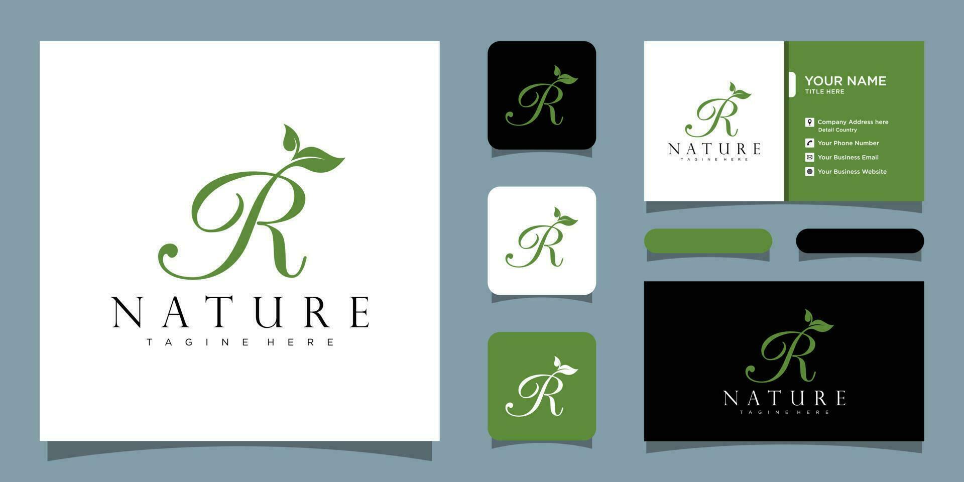 Initial letter R with leaf luxury logo. green leaf logo with business card design Premium Vector