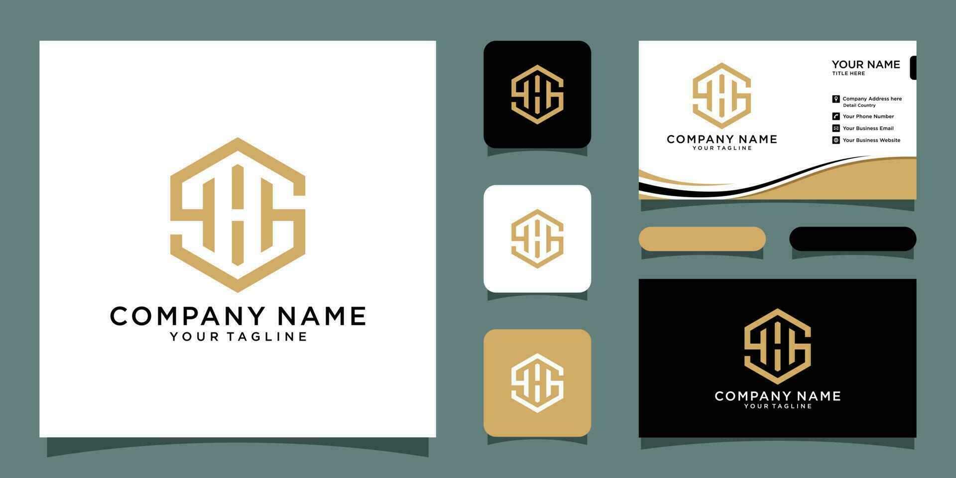 SH or HS letter with hexagon logo design vector with business card design Premium Vector