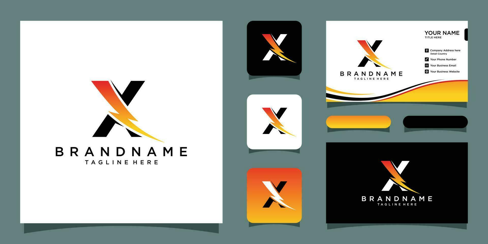 Flash X letter logo, electric bolt logo vector with business card design Premium Vector