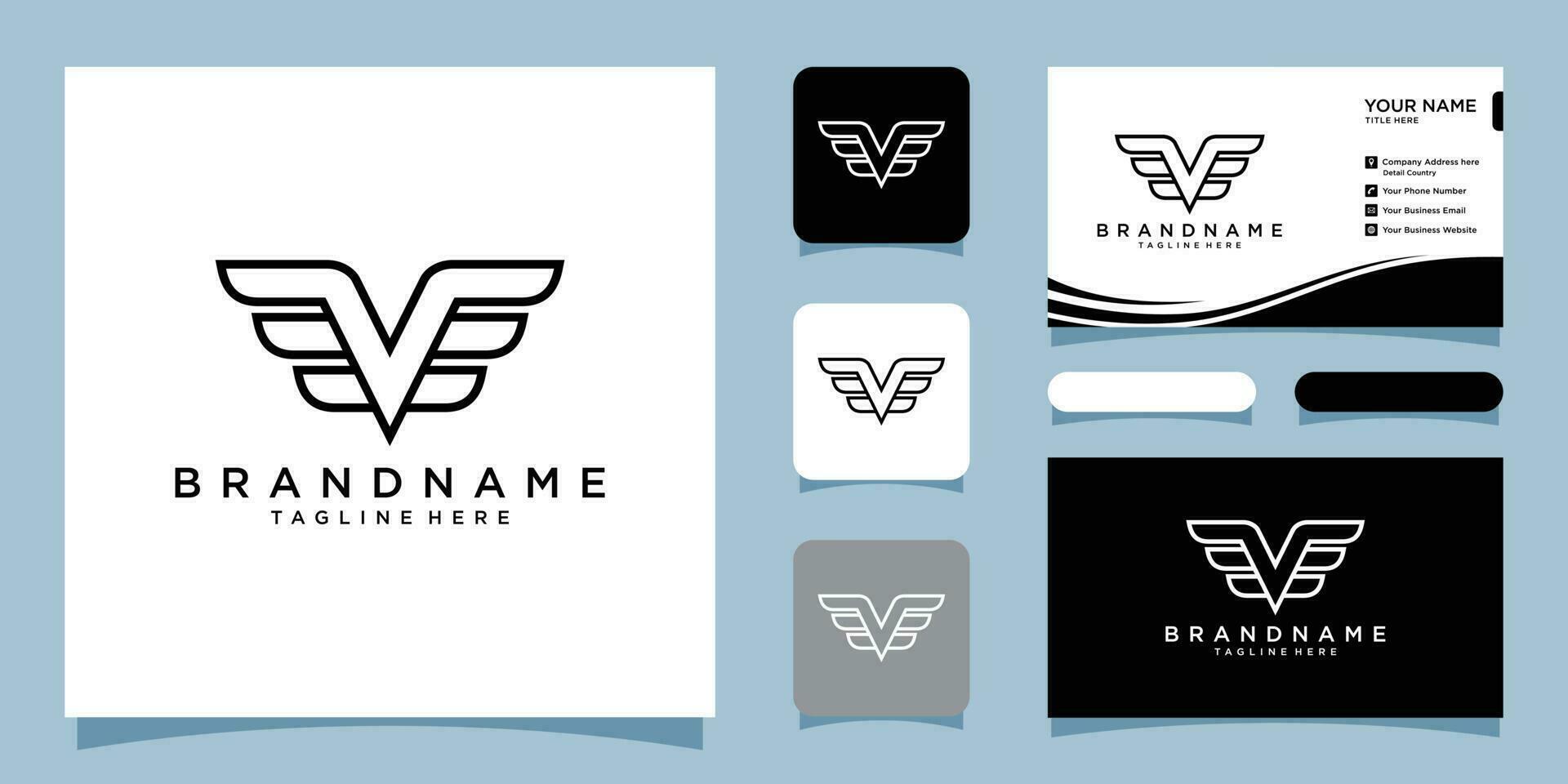 Letter V Logo with wings vector icon with business card design Premium Vector