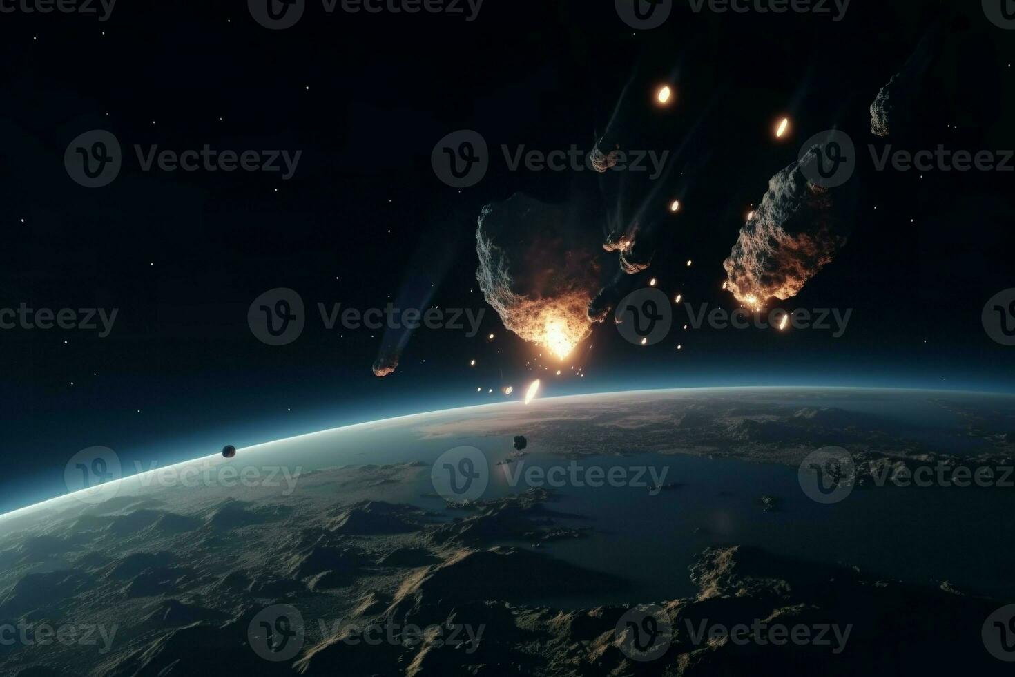 Meteors hit earth. Generate Ai photo