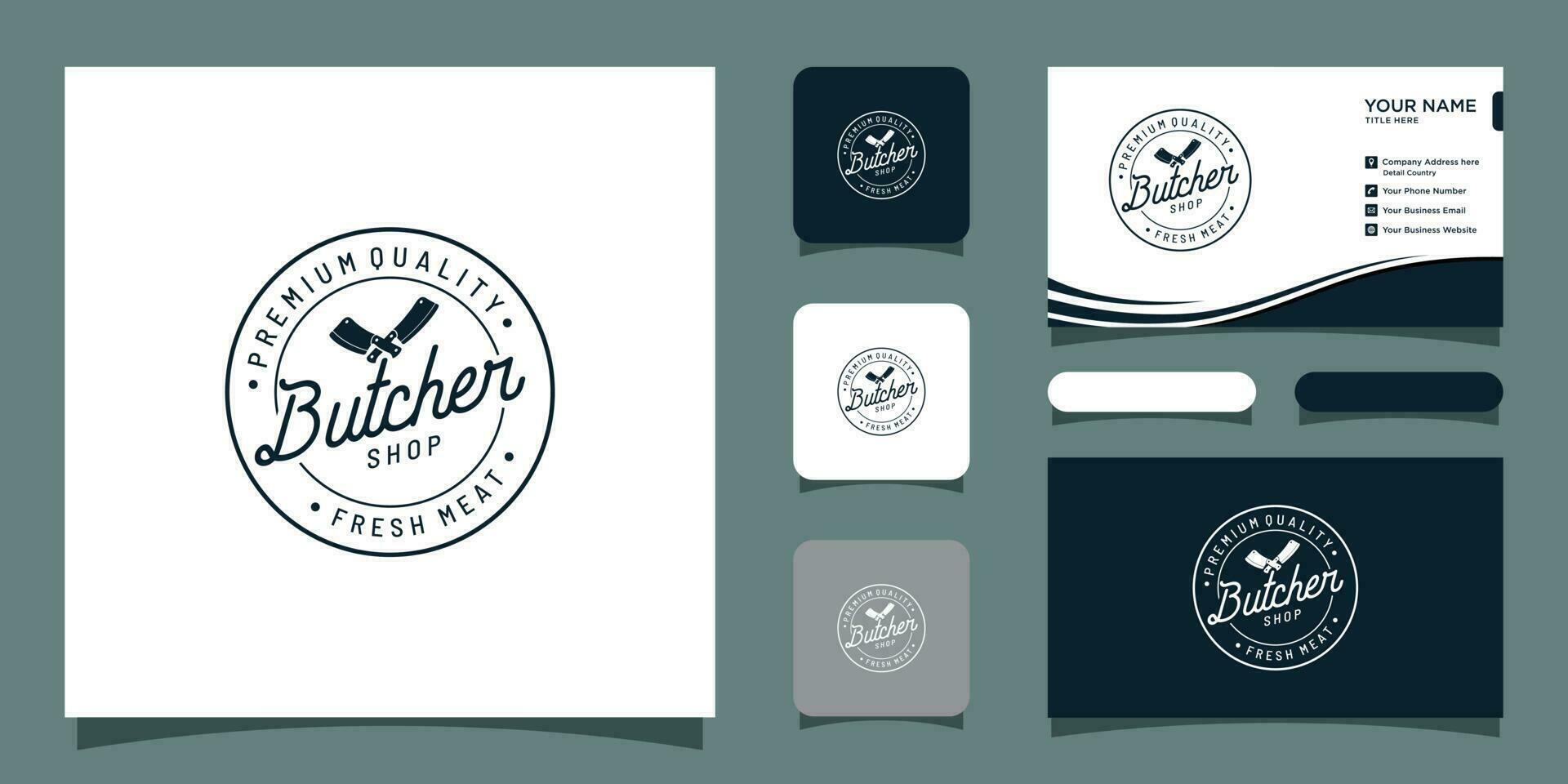 Butcher shop hand written lettering logo, label, badge with business card design Premium Vector