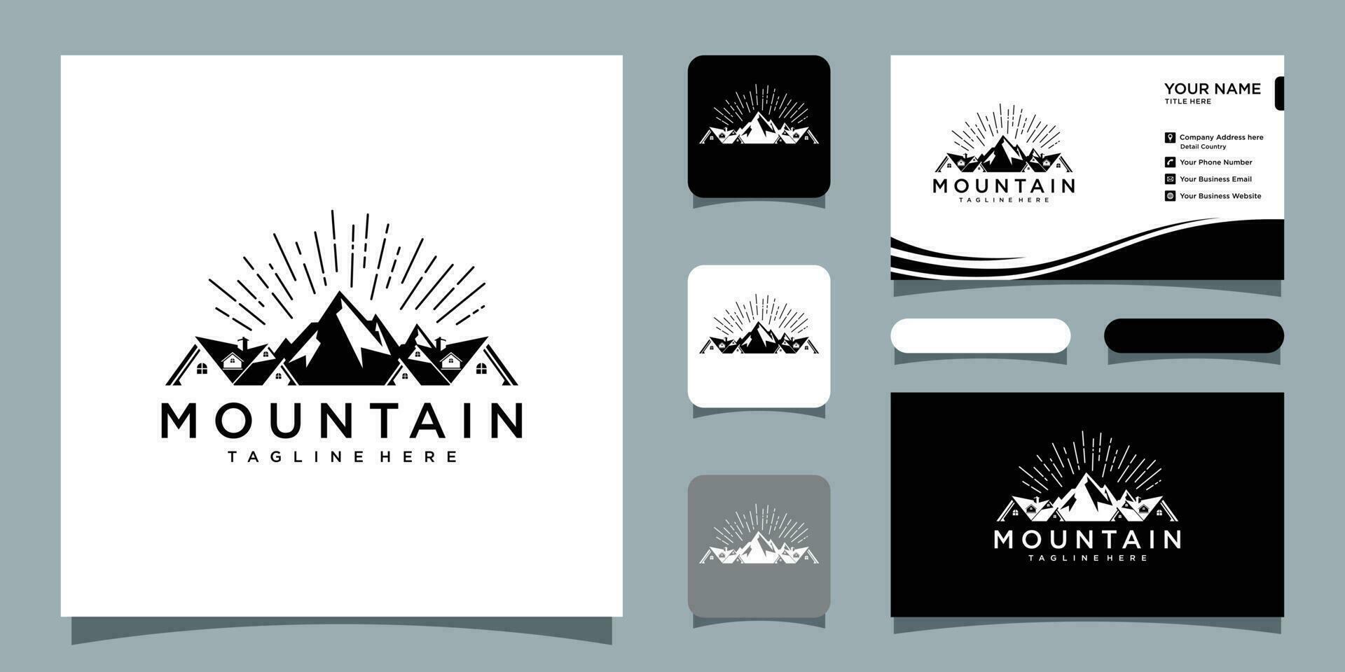 Real estate house mountain logo template with business card design Premium Vector