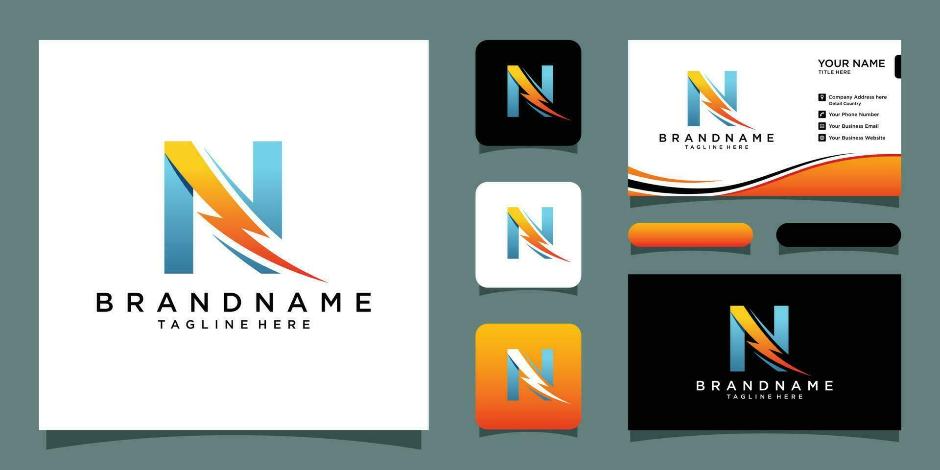 Flash N letter logo, electric bolt logo vector with business card design Premium Vector