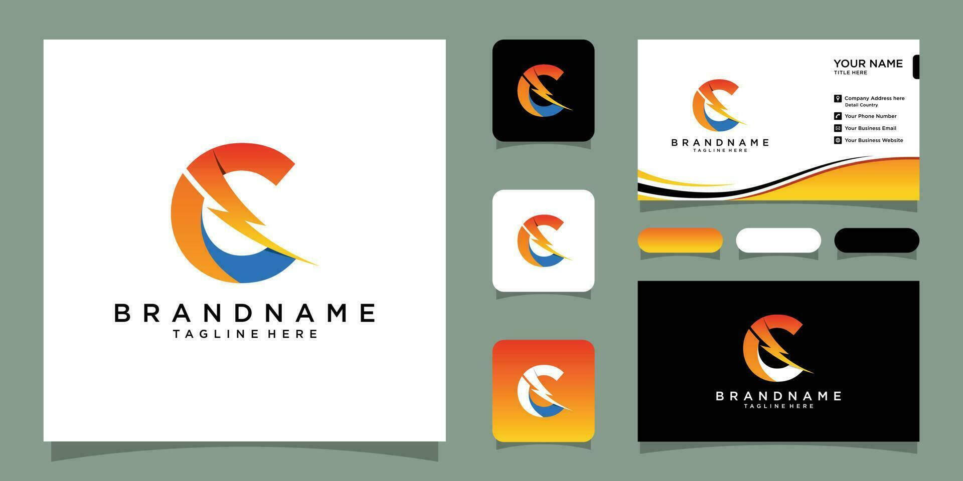 Flash C letter logo, electric bolt logo vector with business card design Premium Vector