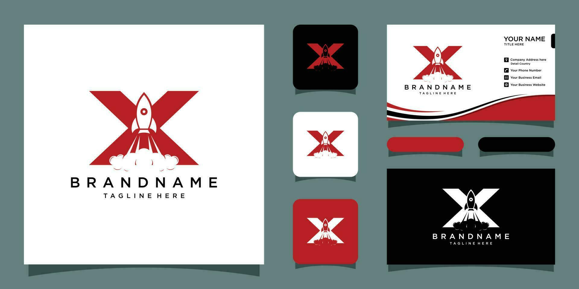 Rocket logo vector design sign template in X with business card design template Premium Vector