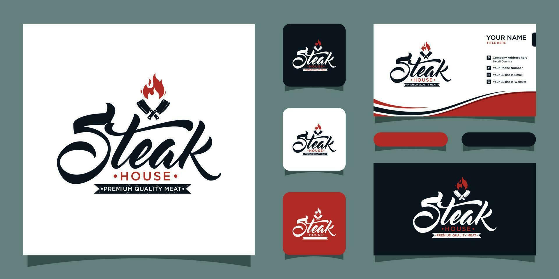Vintage steak house logo with business card design template Premium Vector