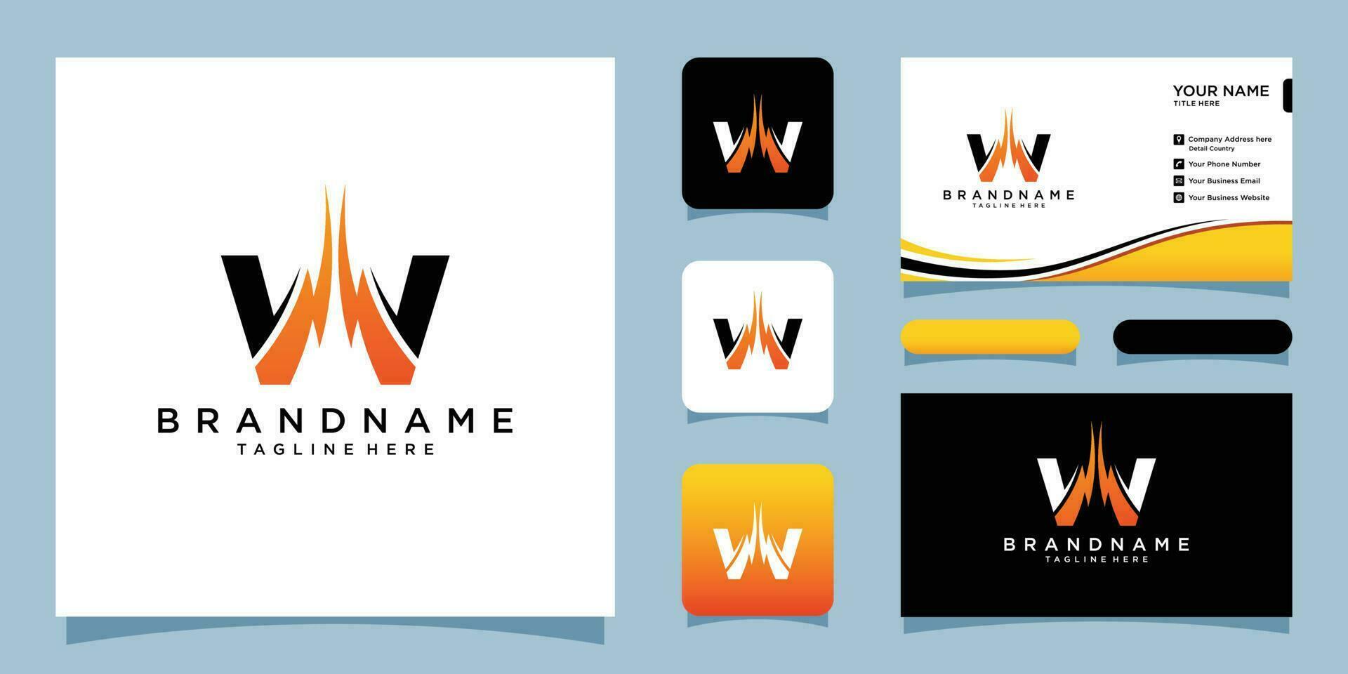 Flash W letter logo, electrical bolt logo vector with business card design Premium Vector