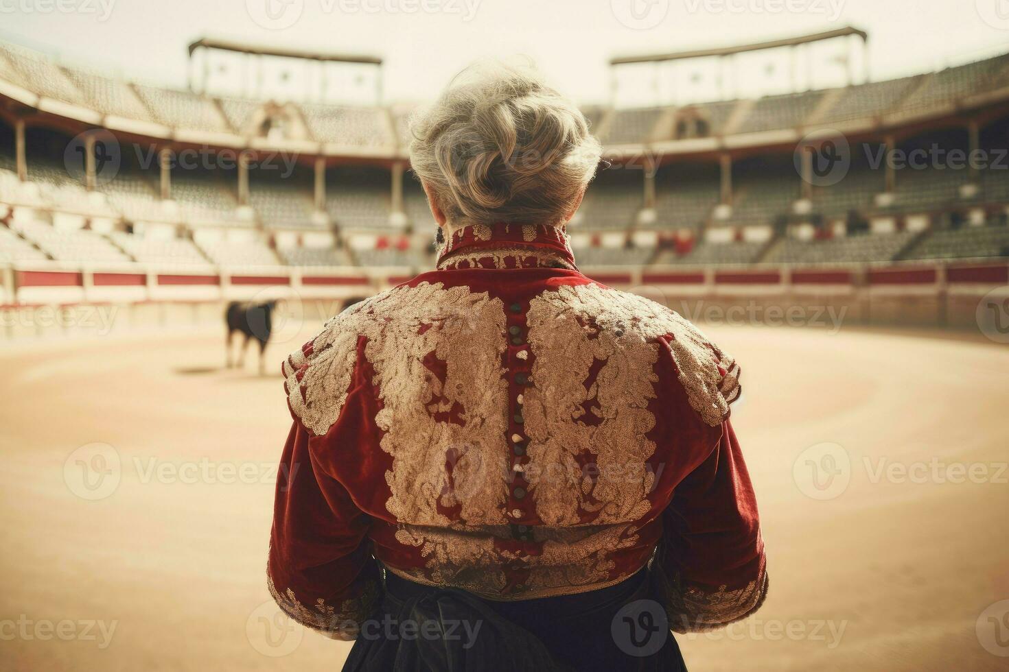 Bullfighter old woman bull. Generate Ai photo