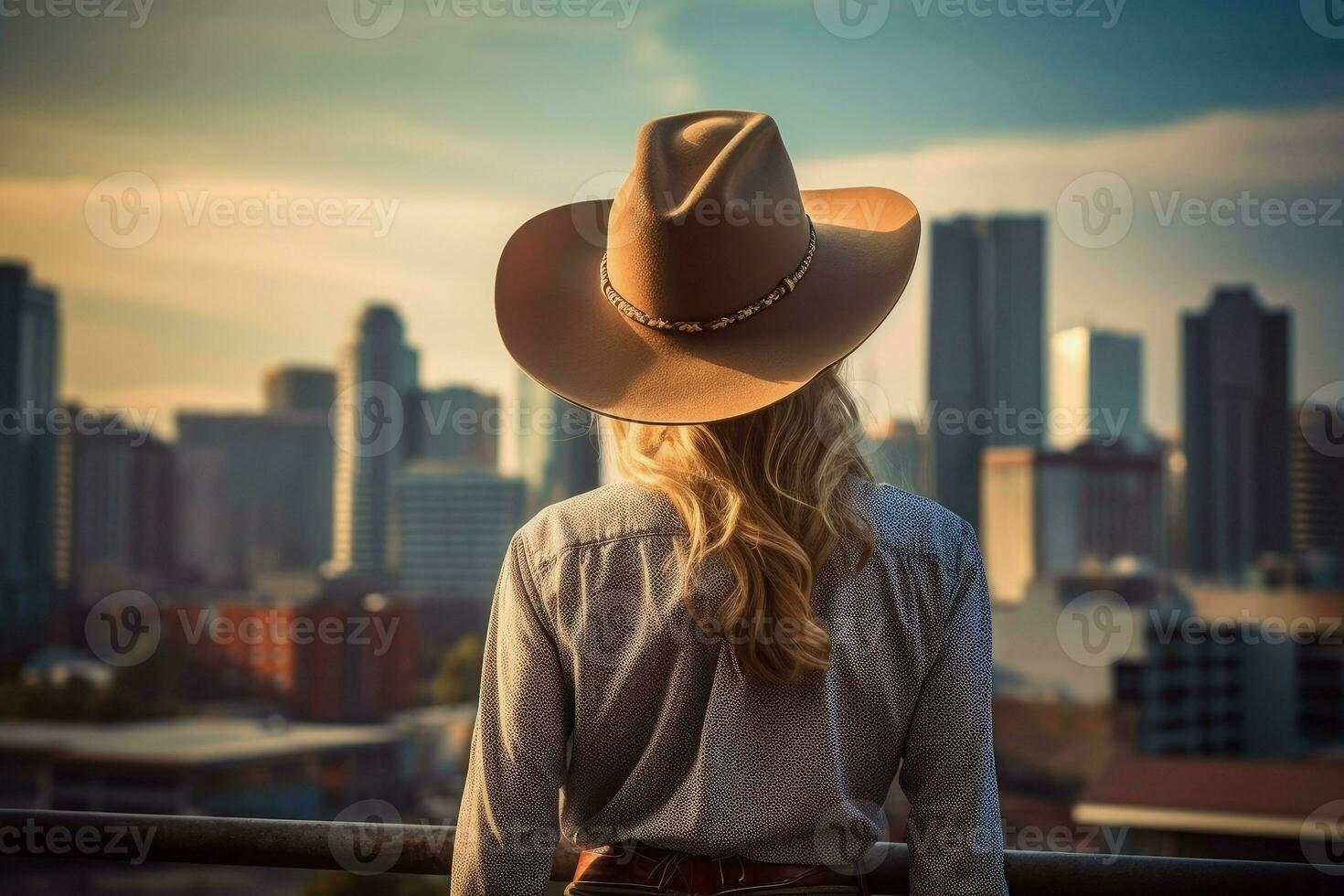 Cowboy woman wild west skyscrapers movie. Generate Ai photo