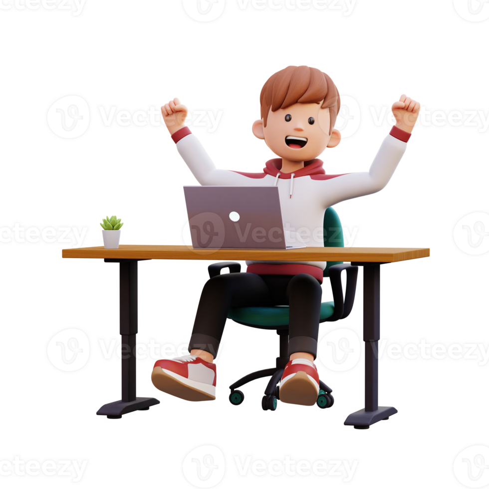 3d male character happy working on a laptop png