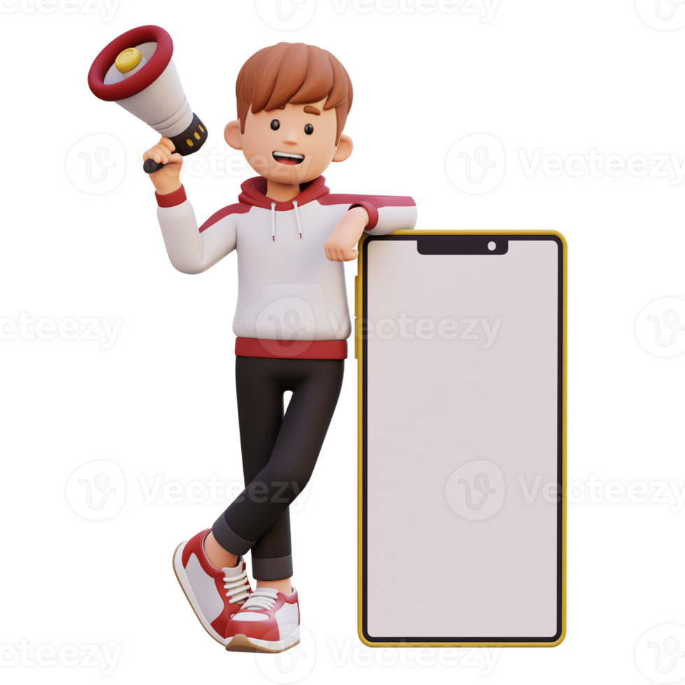 3d male character holding megaphone and laying on a big smart phone with empty screen png