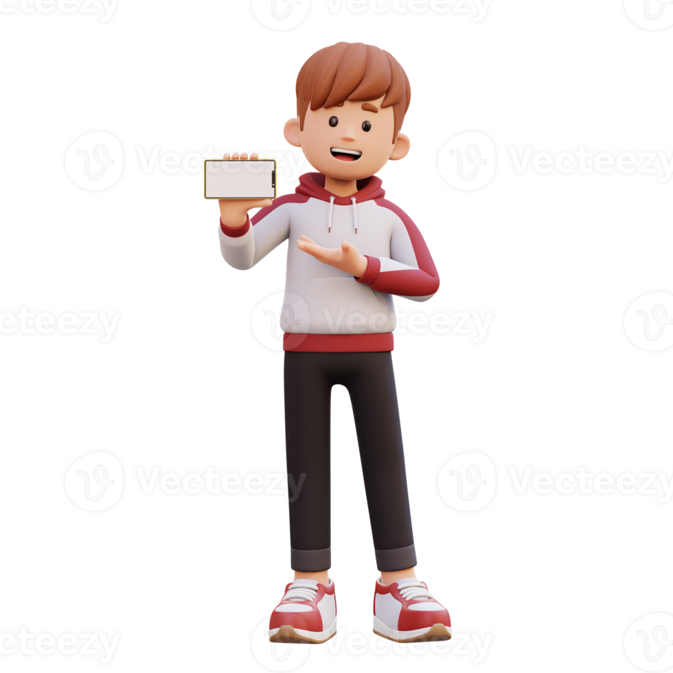 3d male character holding and presenting to a smart phone with empty screen in landscape png
