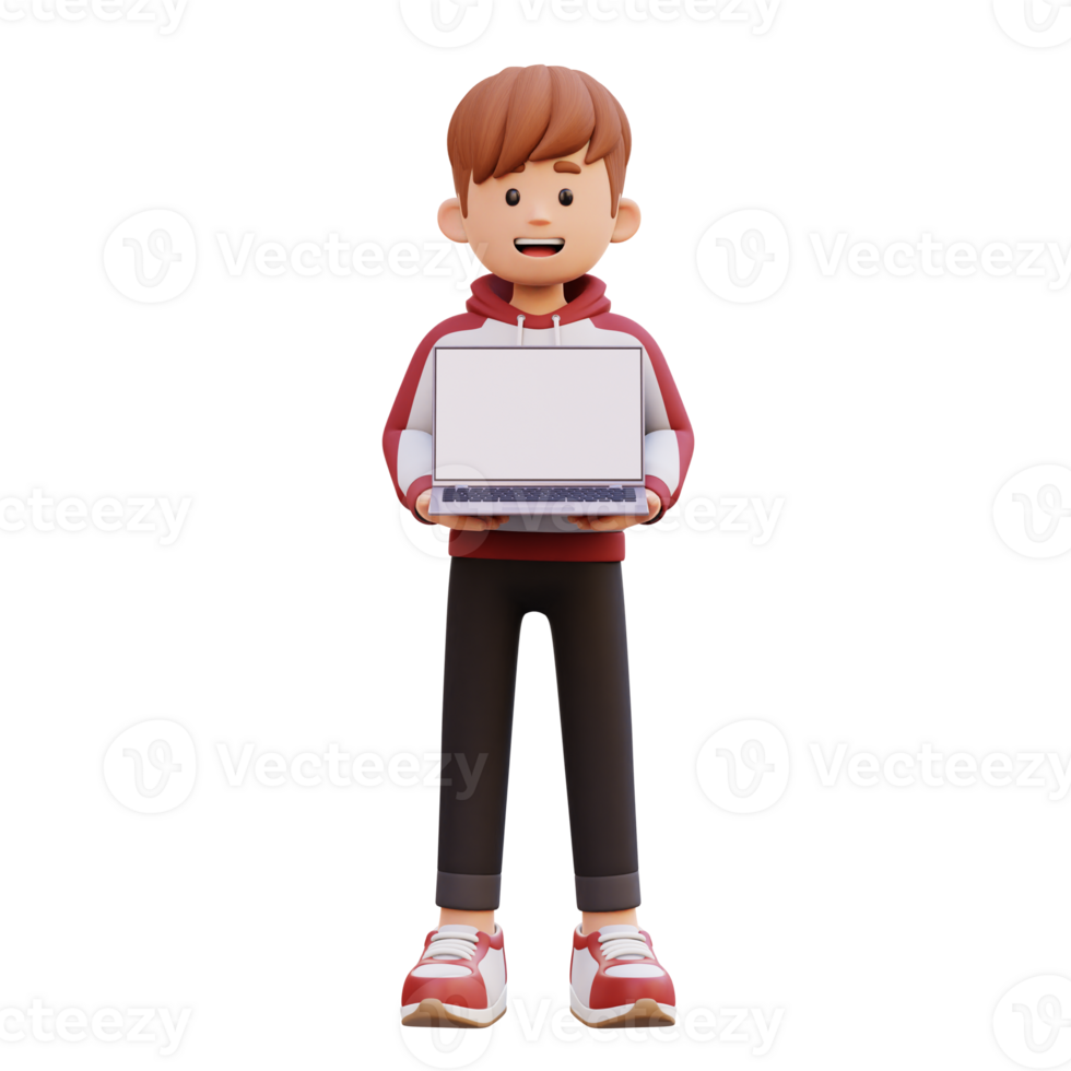 3d male character holding and presenting a laptop with empty screen png