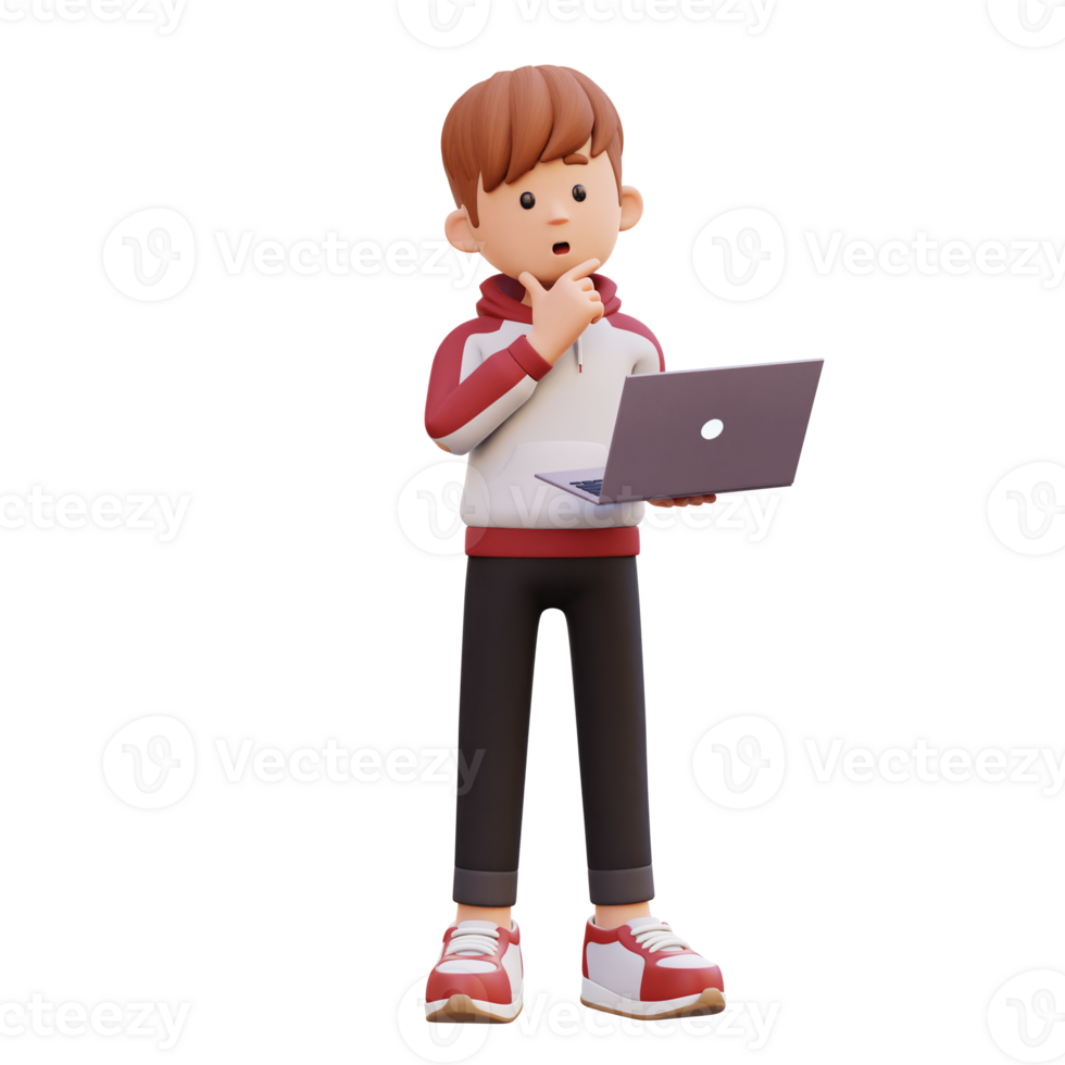 3d male character thinking and working on a laptop png