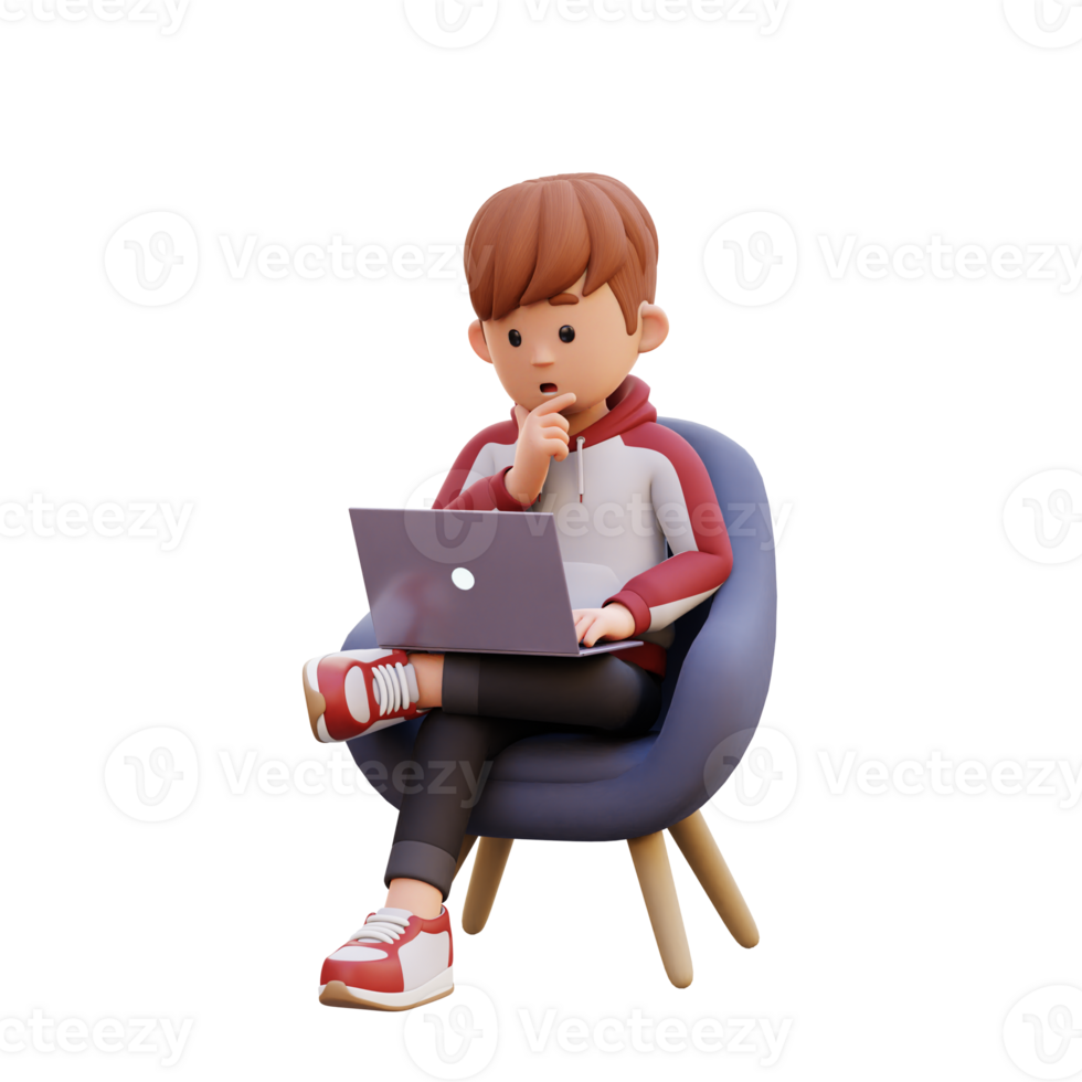 3d male character sitting on a sofa and working on a laptop with thinking pose png