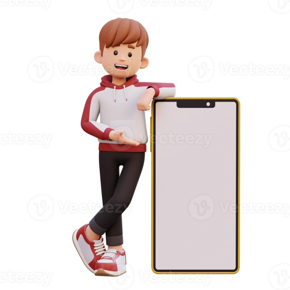 3d male character laying and presenting on a big smart phone with empty screen png