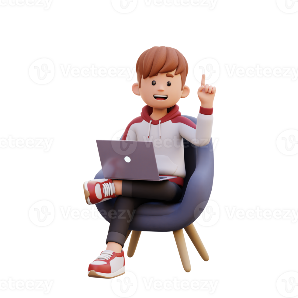 3d male character get an idea while sitting on a sofa and working on a laptop png