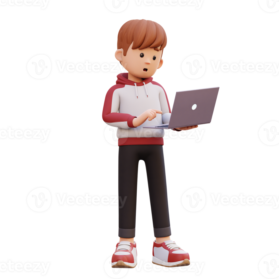 3d male character standing confused working on a laptop png